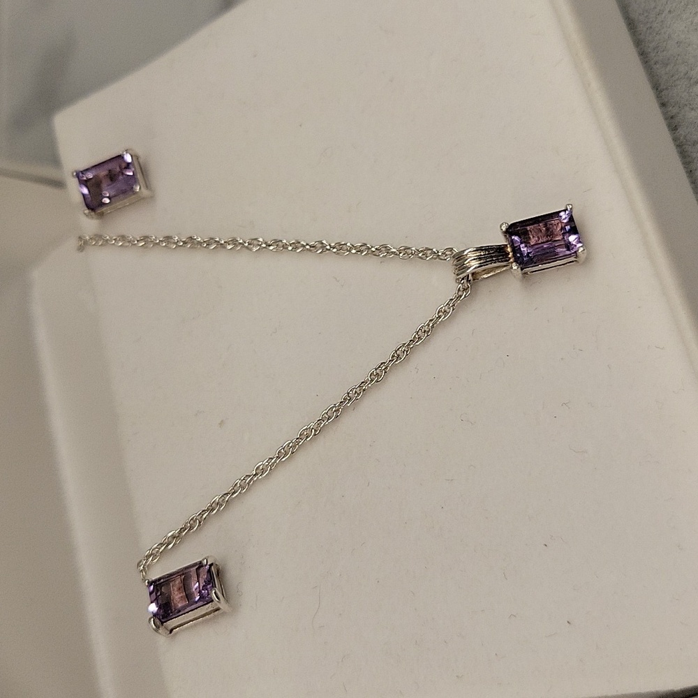925 Silver Rope Chain With Amethyst Pendant And Earrings Set